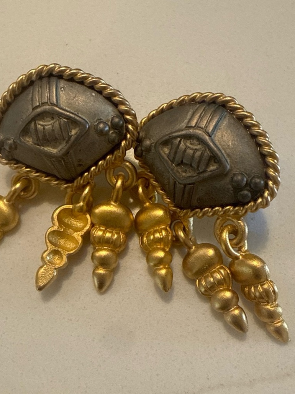 Gold and Antique Metal Dangle Earrings